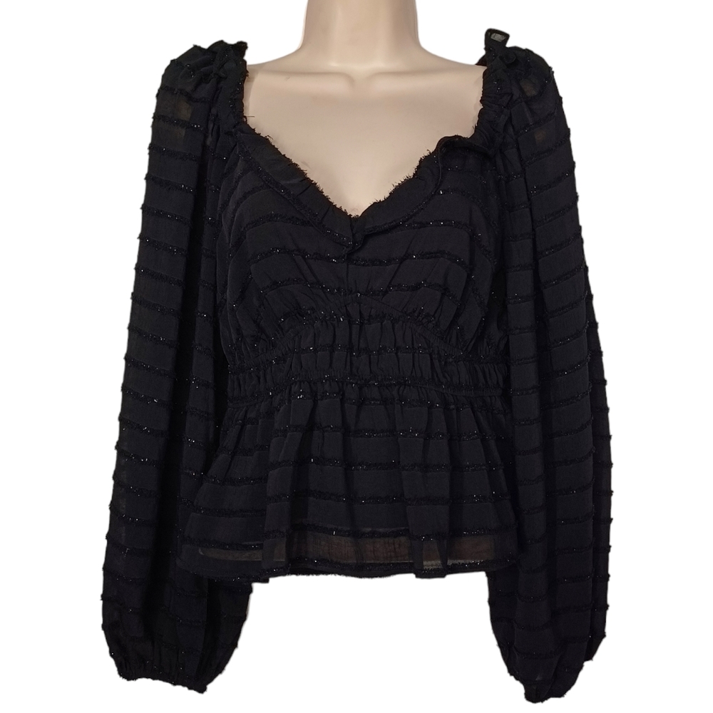 ASTR THE LABEL Black Metallic Stripe Print Long Sleeve Stretchy Top Medium